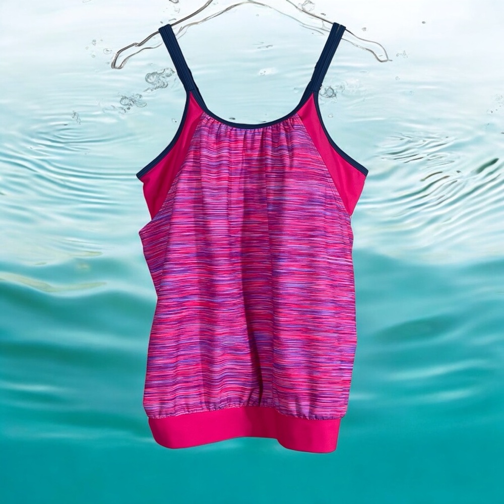 Free Country Striped Tankini Swimsuit Top in Hot Pink and Slate Large )12/14). - Picture 4 of 16